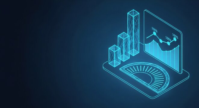 Isometric wireframe bar charts and analytics dashboard, representing business growth and financial data visualization.