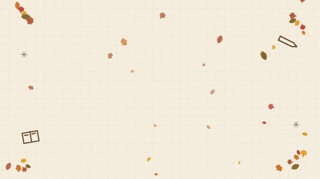 Autumn leaves drifting over warm graph paper with school doodles, seamless looping background with a clear centre for text