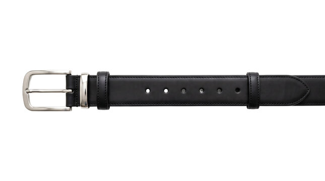 Black leather belt with silver buckle. Fashion accessory for men and women. Stylish waist belt for casual or formal wear