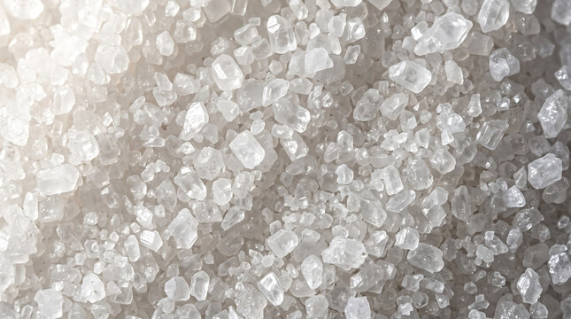 Macro close up of coarse sea salt crystals forming a textured background