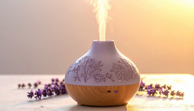 Elegant floral embossed ceramic aromatherapy diffuser emitting gentle mist with wooden base