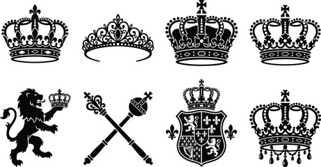 Royal crown and heraldic monarch vector silhouettes bundle featuring king crowns tiara royal crest and scepter icons set © MdMehedi