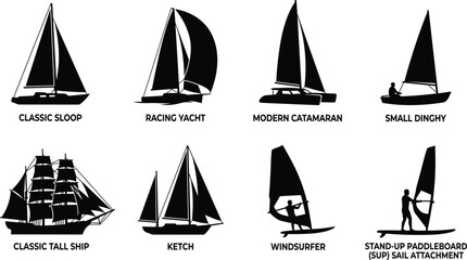 Sailing boats and water sports vector silhouettes bundle featuring classic yachts catamaran tall ship and windsurfer isolated icons © MdMehedi