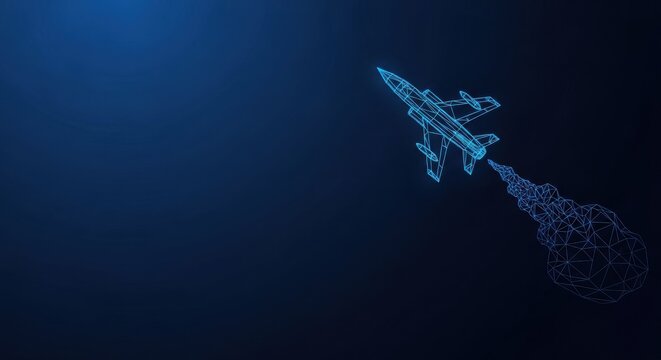 Futuristic digital wireframe fighter jet in flight against a dark blue abstract background