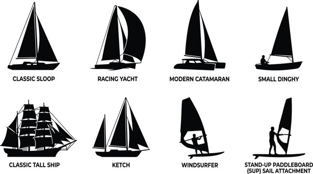 Sailing boats and water sports vector silhouettes bundle featuring classic yachts catamaran tall ship and windsurfer isolated icons
