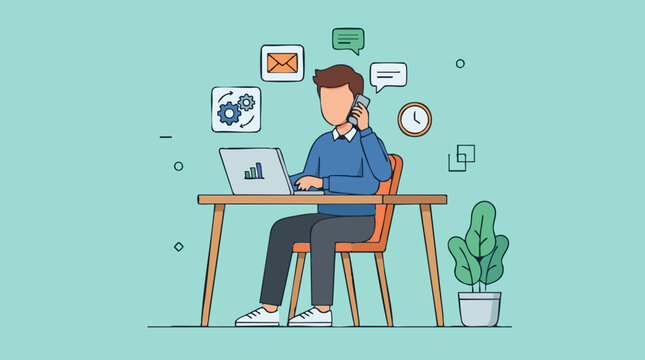 Illustration of man multitasking at desk with laptop, phone, and business icons
