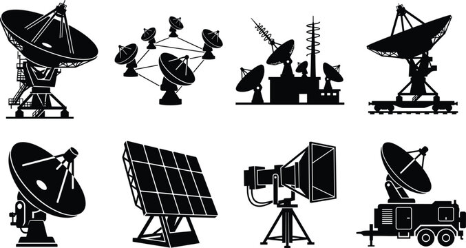Satellite dish and radar antennas black silhouettes set featuring radio telescope solar panel communication station vector illustration