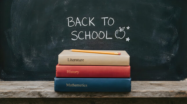 Stack of school books with literature, history, and mathematics on a wooden desk against a chalkboard