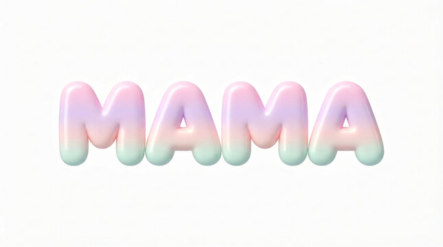 Pastel 3D bubble text reading MAMA, soft gradient balloon lettering for Mother's Day, cute glossy inflatable MAMA typography on white background
