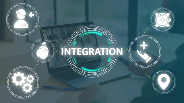 Healthcare Integration Concept: Digital Technology, Data Flow, and Collaboration in Modern Medical Systems. Loop Animation for Health Tech