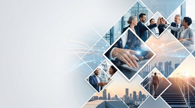 Creative collage of business scenes including diverse team high five, professional handshake, digital touch screen interaction, and person walking up stairs towards city skyline...