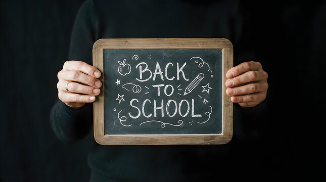 Person holding a small chalkboard with back to school written on it
