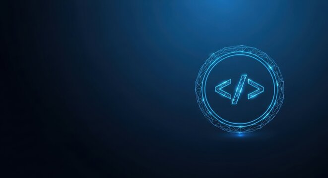 Abstract digital code symbol glowing on a dark blue futuristic background, representing programming and technology.