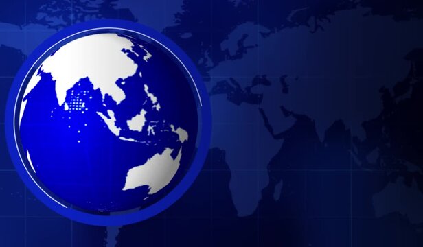 Breaking News Template intro for TV broadcast news show program with 3D text badge lower third. News background screen red blue world map rotation, earth globe spinning animation. studio background. 