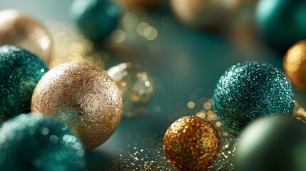 Fototapeta premium Festive gold and teal ornaments sparkle against a blurred background, creating a luxurious and elegant holiday season atmosphere
