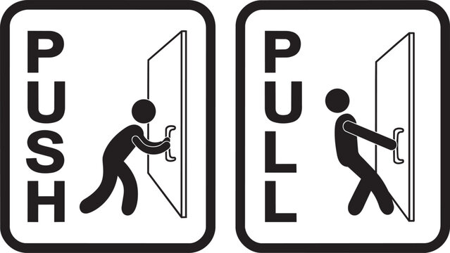 Set of push and pull door signs featuring simple stick figure illustrations in a black and white vector format ideal for public building navigation and safety