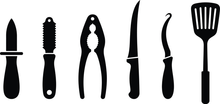 Set of black silhouettes of kitchen utensils including a knife, grater, nutcracker, and spatula for cooking and food preparation tasks in a professional restaurant