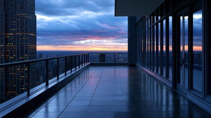 Obraz premium Rooftop terrace with glass railings overlooking city skyline at sunset, reflecting vibrant colors on tiles