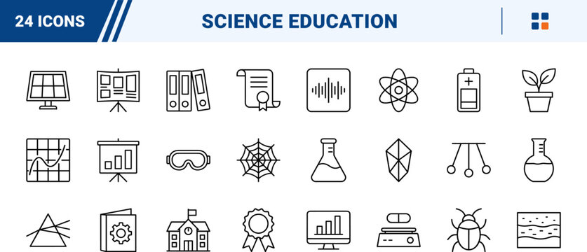 Education science line icon set. Vector pictograms of school exhibition, student experiment, laboratory tool, and award presentation elements, thin linear illustration.