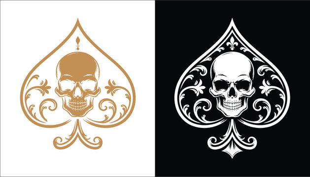 Ace of spades skull icon with ornamental poker emblem, gothic tattoo style, intricate dark artwork, vintage playing card motif, and detailed decorative vector, designs