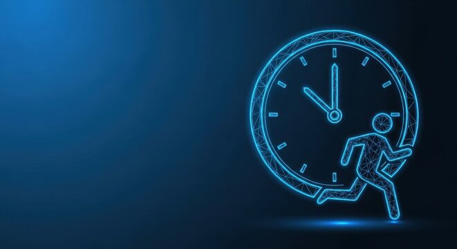 Glowing Blue Neon Clock Face Outline Representing Time and Punctuality in a Digital Concept