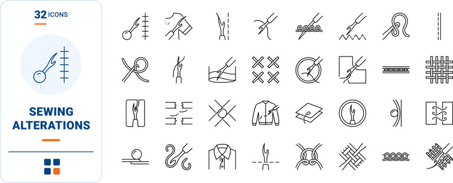 Sewing tools line icon set. Vector pictograms of haberdashery, tailoring, garment alteration, and textile alteration elements, thin linear illustration.