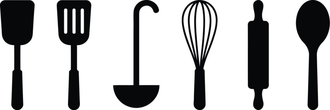 Set of black kitchen utensils icons including spatula turner ladle whisk rolling pin and cooking spoon for baking and cooking tasks in a simple flat graphic design style