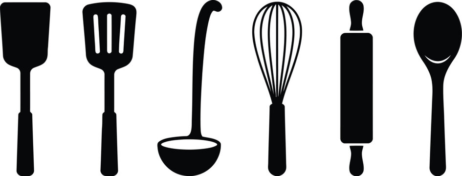 Set of kitchen utensils silhouettes featuring a spatula turner ladle whisk rolling pin and wooden spoon for cooking and baking preparation tasks in black icons