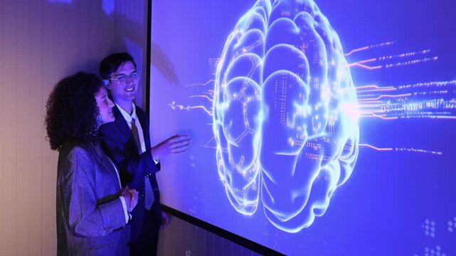 Seminar woman with man in conversation for ai governance, machine learning, Presenter promoting artificial intelligence solutions, Strategy plan to executive write prompt AI bot IT app program.