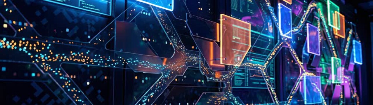 Digital network processing data through a complex system routing information streams between glowing components and displaying analytics.