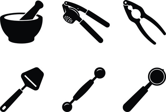 Set of black kitchen utensil icons including mortar and pestle garlic press nutcracker cheese slicer melon baller and coffee portafilter for cooking and food prep