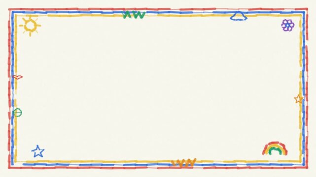 Crayon scribble frame with a sun, rainbow and playful doodles drawn in a child like style, seamless loop with a blank centre for text