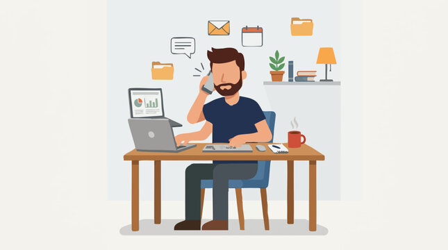 Remote worker multitasking with laptop and phone, digital workflow concept