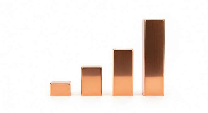 Four rising copper bars forming a financial growth chart on a white background, representing business progress and investment success.
