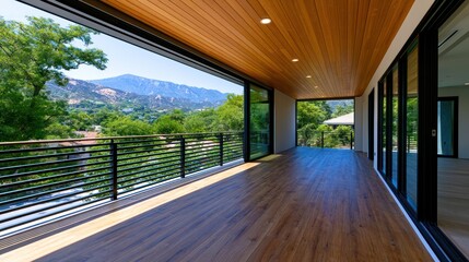 Obraz premium Spacious wooden terrace with mountain view, glass doors, and lush greenery, providing a serene atmosphere