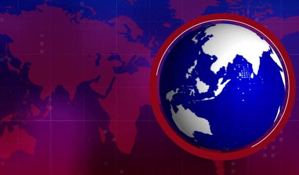 Breaking News Template intro for TV broadcast news show program with 3D text badge lower third. News background screen red blue world map rotation, earth globe spinning animation. studio background. 