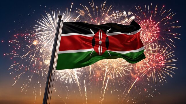 National flag of Kenya waving on flagpole against night sky background with colorful fireworks display