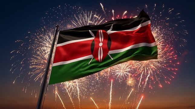 National flag of Kenya waving on flagpole against colorful festive fireworks display at night