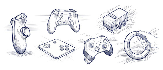 Video game controller line art sketch illustration showcasing retro gamepad design, vintage joystick tech, modern gaming console accessories, and steering wheel hardware concepts on white background. © Dinali