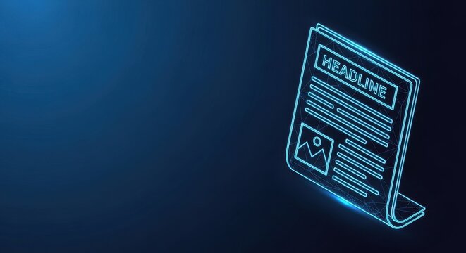 Neon glowing outline of a news headline and image on a dark blue gradient background, representing digital media and journalism.