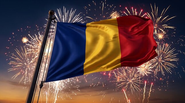 National flag of Romania waving on flagpole with evening fireworks display in night sky background