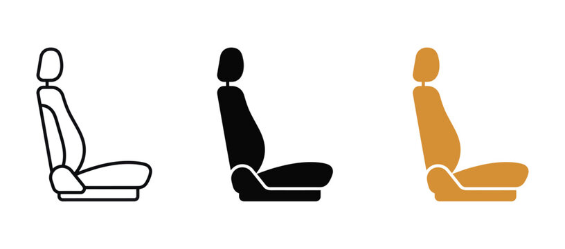 Car seat icon set featuring vehicle interior chair design. Available in outline, solid black, and orange color styles. Perfect vector icons for automotive apps, websites, and transportation presentati