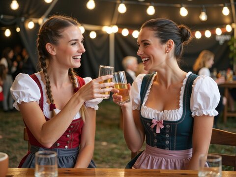 Women wearing dirndl dresses toasting at oktoberfest celebration