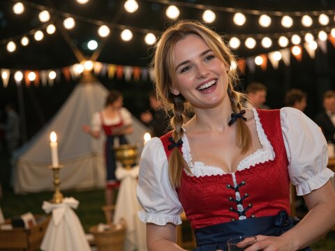 Woman smiling wearing dirndl celebrating oktoberfest at night