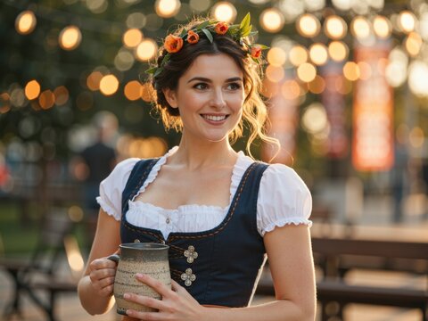 Woman in dirndl enjoying oktoberfest celebration with beer
