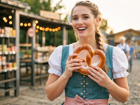 Young woman enjoying pretzel at oktoberfest festival