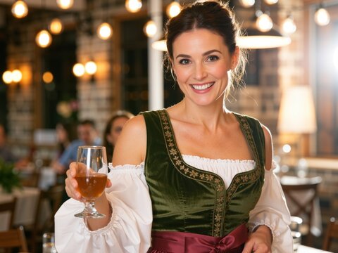 Woman wearing dirndl holding beer celebrating oktoberfest