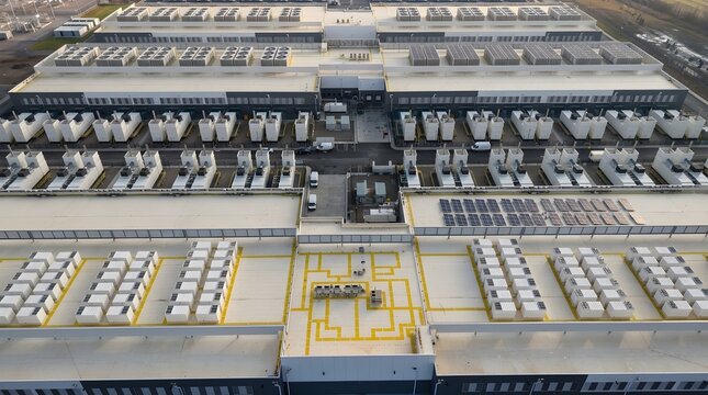 Aerial view of a massive modern industrial data center facility with rows of cooling units and energy storage modules on building rooftops