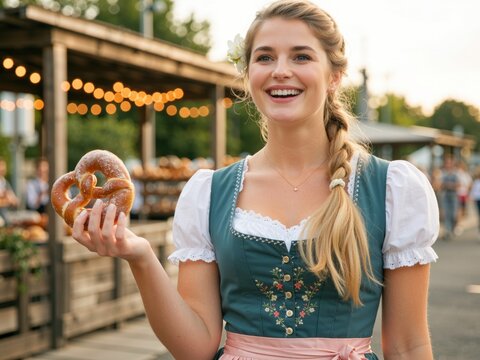Happy bavarian woman holding pretzel at oktoberfest festival