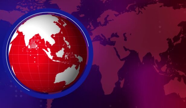 Breaking News Template intro for TV broadcast news show program with 3D text badge lower third. News background screen red blue world map rotation, earth globe spinning animation. studio background. 